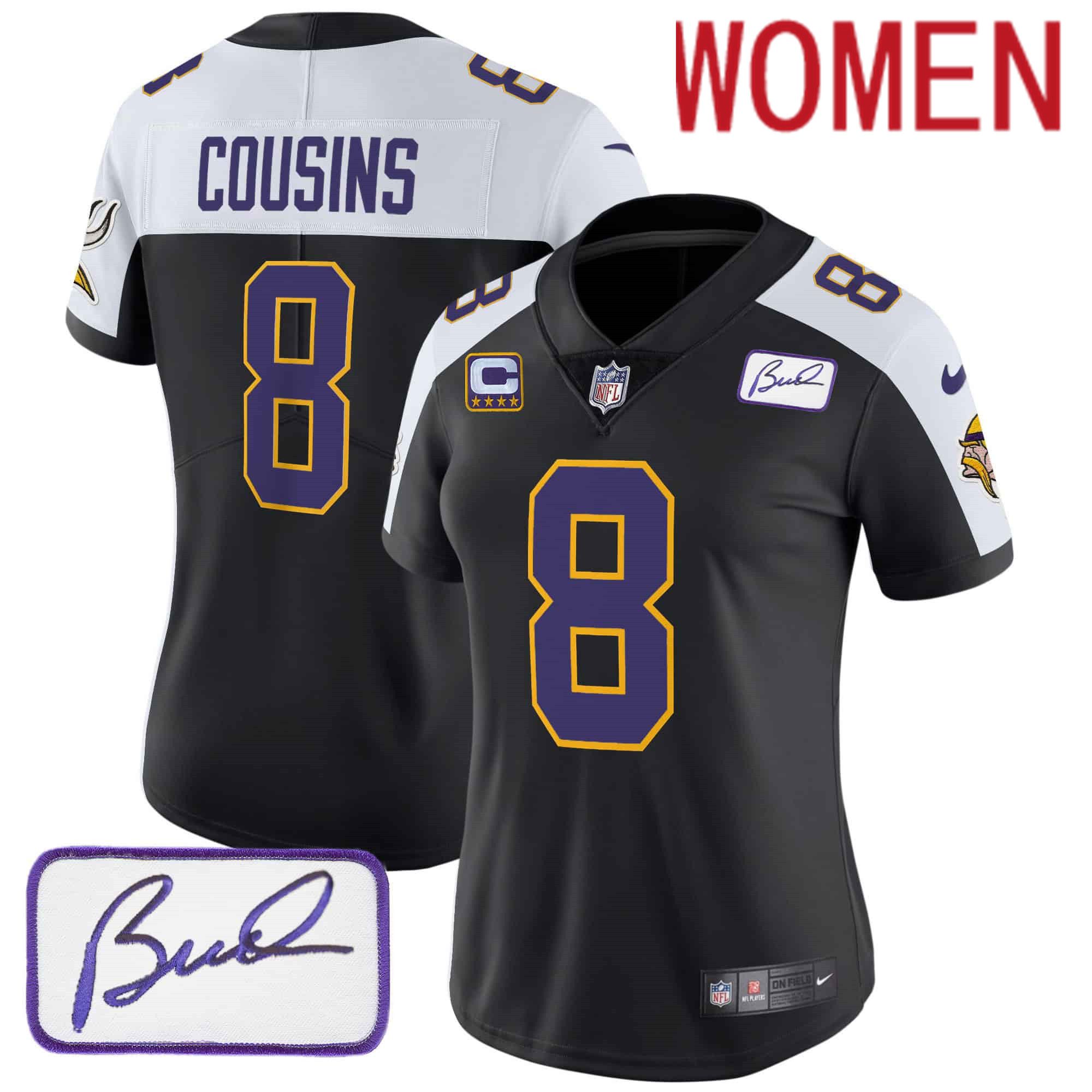 Women Minnesota Vikings #8 Cousins Black 2024 Nike Bud Grant Patch Classic Limited NFL Jersey style 1